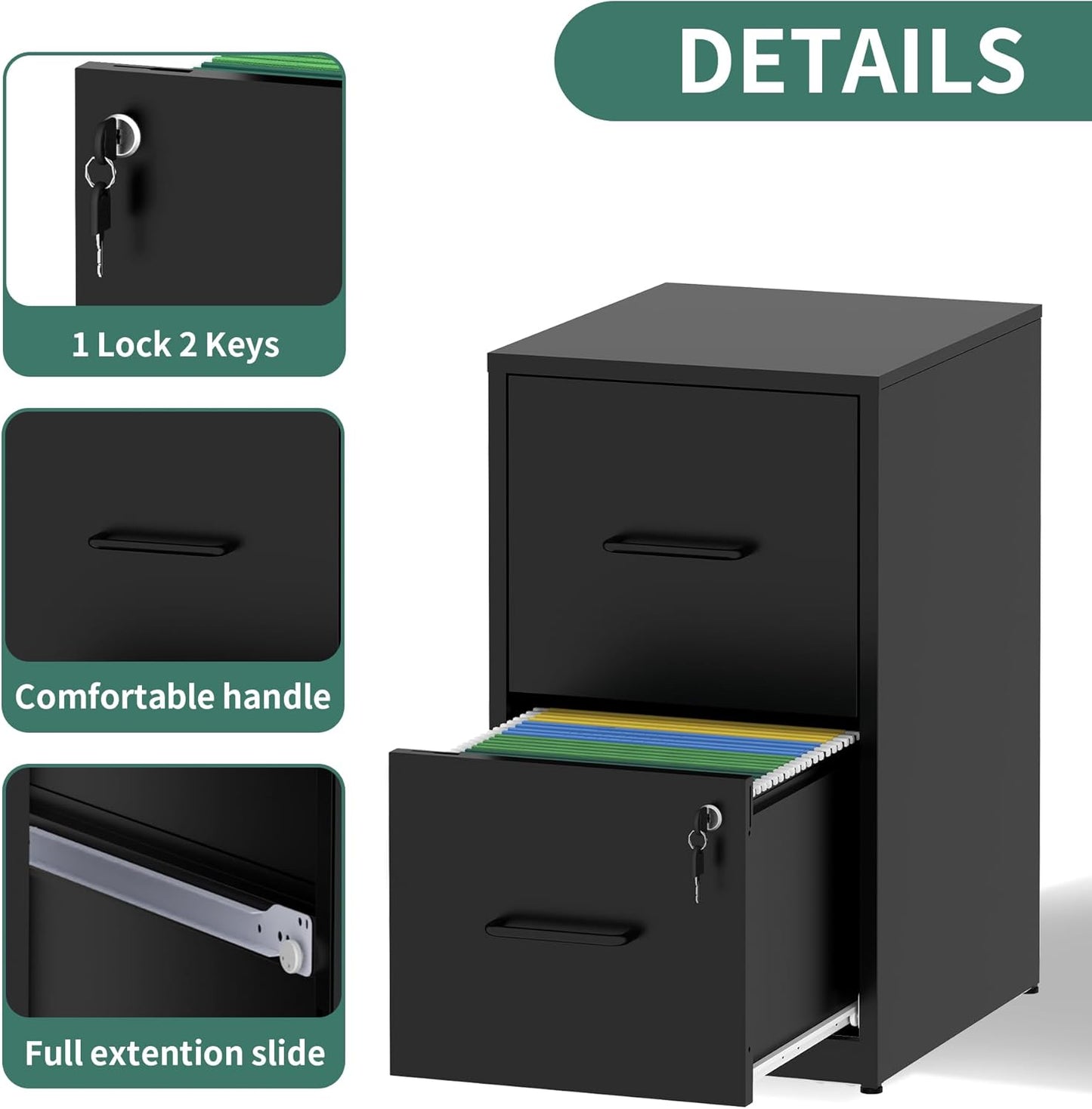 2 Drawer File Cabinet with Lock,Metal Vertical Filing Cabinets for Home Office,Heavy Duty File Storage Cabinet for Letter/Legal/A4/F4 Size File,Assembly Require (Black, Vertical 2 Drawer)