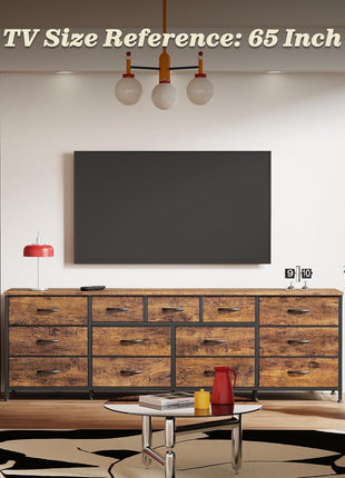 70-Inch Rustic Brown Dresser and Entertainment Center with 13 Fabric Drawers, Compatible with 65 to 80 Inch TVs