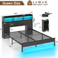 Bed Frame Queen Size with Bookcase Storage Headboard, Slide Out Bedside Storage, Bed with Charging Station & LED Lights, Heavy Duty Metal Slats, No Box Spring Needed, Noise Free, Black
