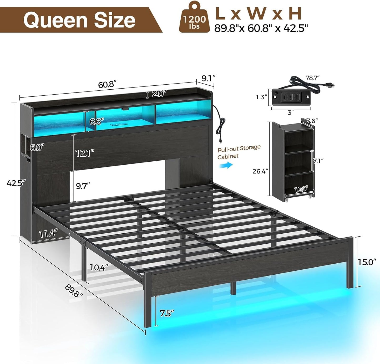 Bed Frame Queen Size with Bookcase Storage Headboard, Slide Out Bedside Storage, Bed with Charging Station & LED Lights, Heavy Duty Metal Slats, No Box Spring Needed, Noise Free, Black
