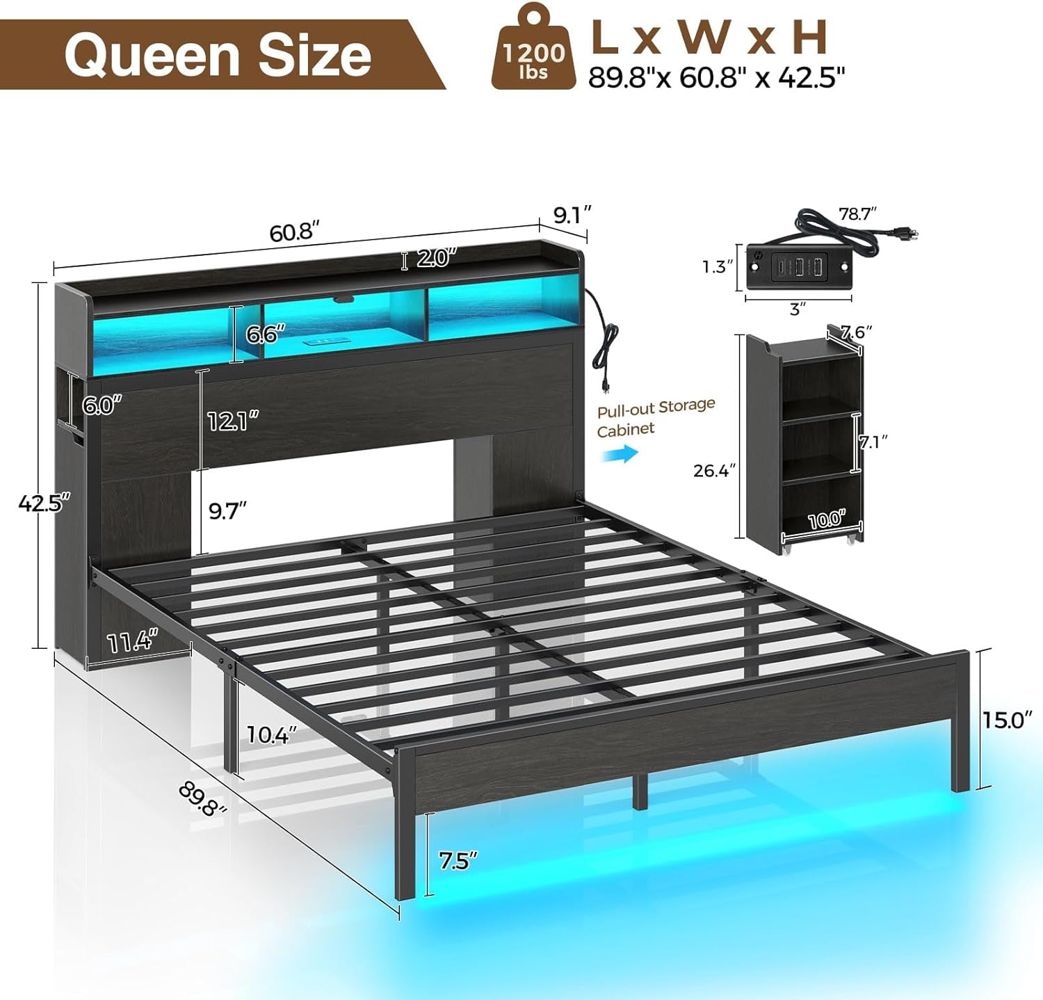 Bed Frame Queen Size with Bookcase Storage Headboard, Slide Out Bedside Storage, Bed with Charging Station & LED Lights, Heavy Duty Metal Slats, No Box Spring Needed, Noise Free, Black