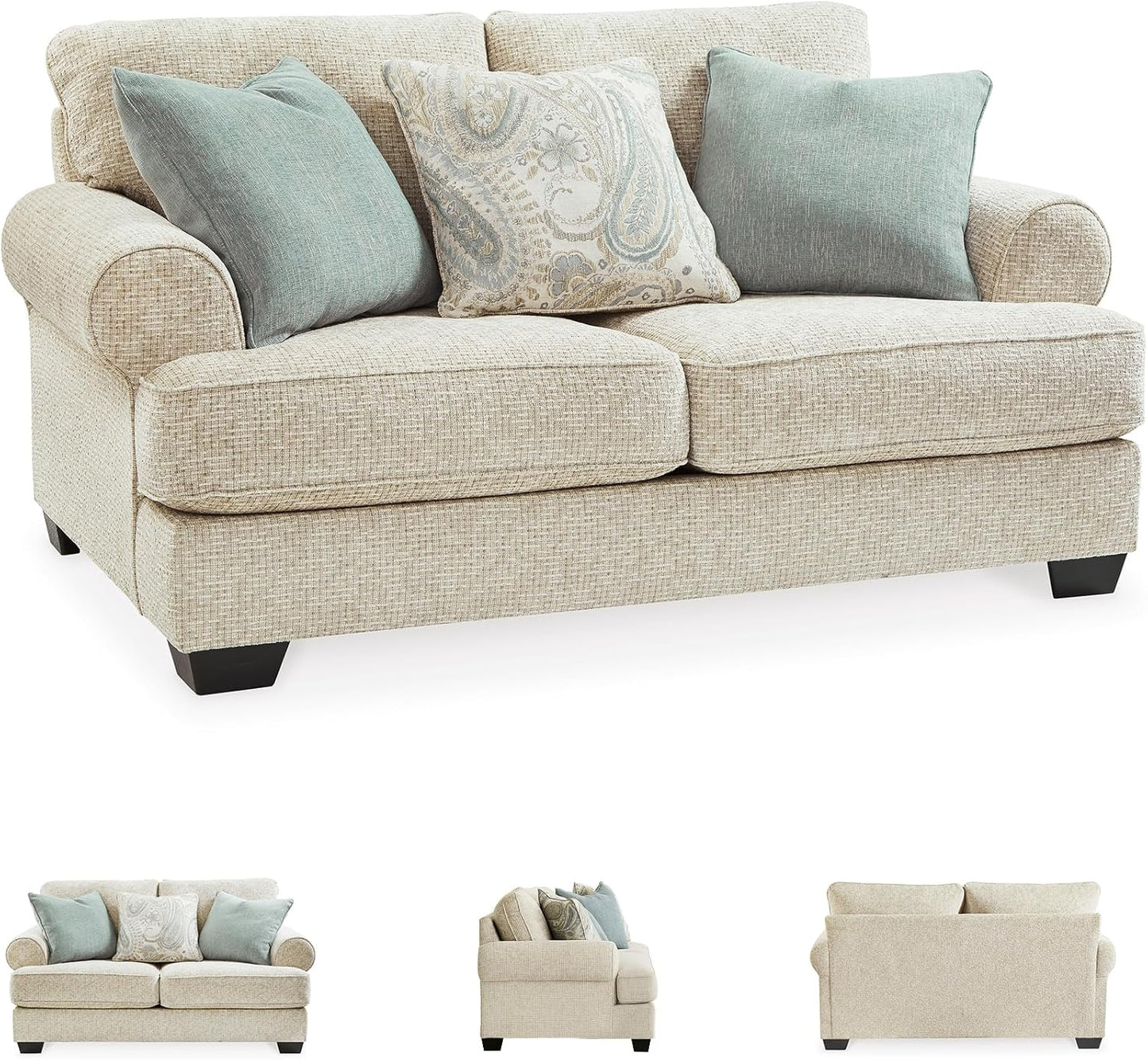 Monaghan Vintage Loveseat with Accent Pillows, Reversible Cushions and Rolled Arms, Beige