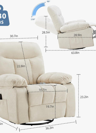 Rocker Recliner Chair with Swivel Function, Vibration Massage, and Lumbar Heating - 270° Rotating Chenille Fabric Recliner with Footrest for Living Room and Bedroom, Beige
