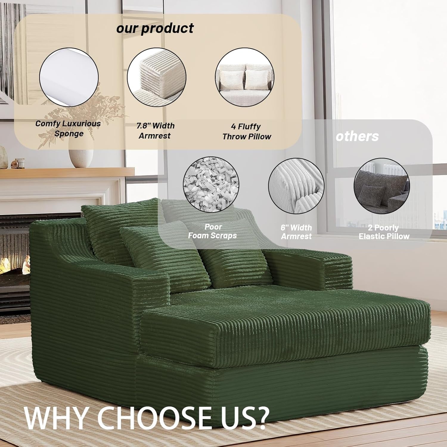 47" Boneless Chaise Lounge Chair Indoor,No Assembly Single Sleeper Upholstered Boneless Couch with 4 Pillows,Comfy Pet Friendly High Weight Capacity Foam for Bedroom,Living Room,Study Room,Green