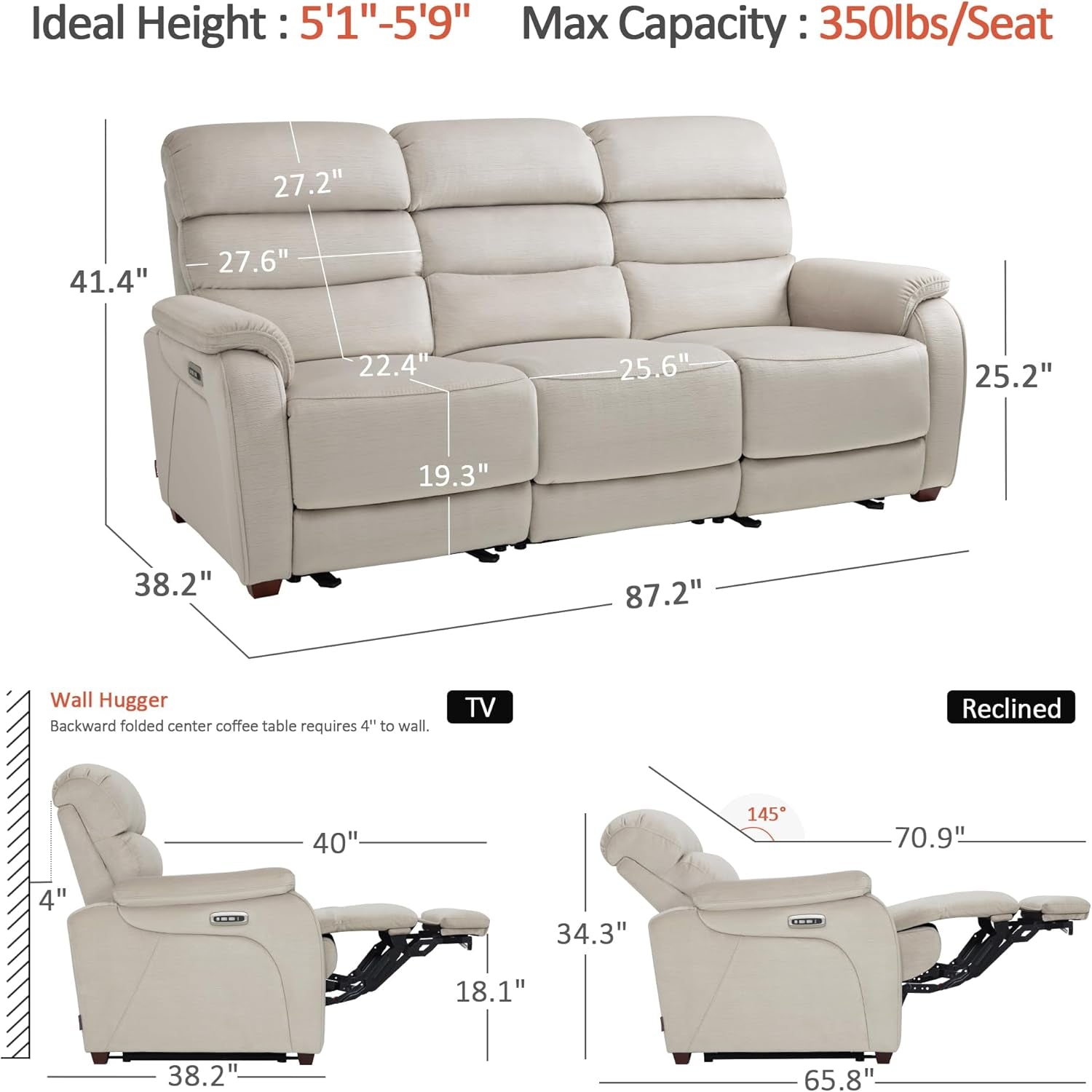 87.2'' Wall Hugger Power Recliner Sofa with Drop down Table, Reclining Sofa with Adjustable Headrest, USB Charge Ports, Reading Lamp, for Living Room, Rvs, Fabric, ST258M3 (3-Seater, Beige)