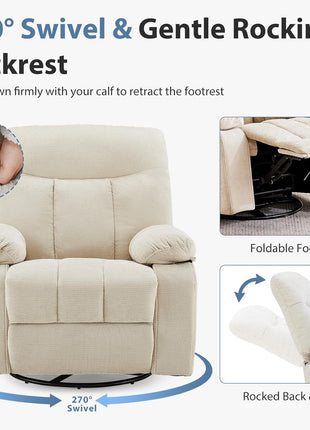 Rocker Recliner Chair with Swivel Function, Vibration Massage, and Lumbar Heating - 270° Rotating Chenille Fabric Recliner with Footrest for Living Room and Bedroom, Beige