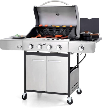 4-Burner Propane Gas BBQ Grill with Side Burner and Porcelain-Enameled Cast Iron Grates, Stainless Steel Barbecue Grills Outdoor Cooking, Silver Cabinet Style, 42,000BTU