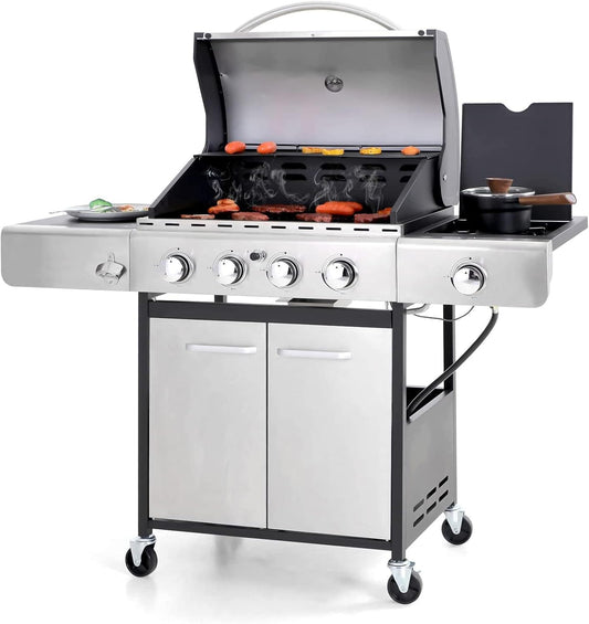4-Burner Propane Gas BBQ Grill with Side Burner and Porcelain-Enameled Cast Iron Grates, Stainless Steel Barbecue Grills Outdoor Cooking, Silver Cabinet Style, 42,000BTU