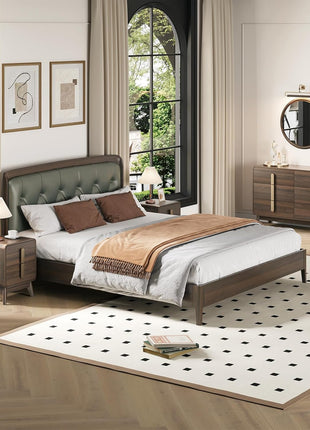 Mid-Century Modern Bedroom Furniture Set - 6-Drawer Dresser and Nightstand Pair with Gold Handles, Walnut Finish