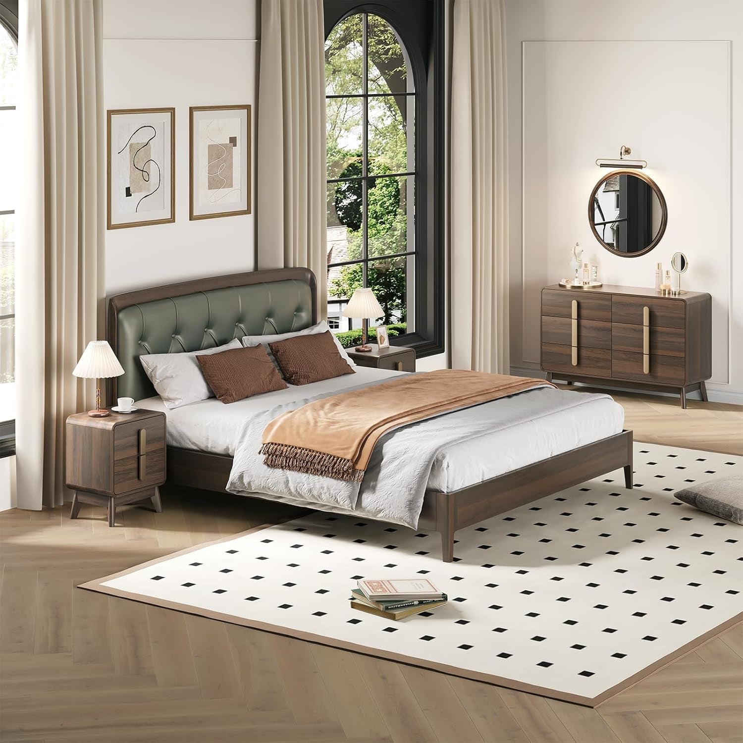 Mid Century Modern Bedroom Set, 6 Drawer Dresser and Nightstand Sets for Bedroom, Night Stand Set 2 & 6 Drawer Dresser with Gold Handles, Wood Chest of Drawers Storage Cabinet Set, Walnut