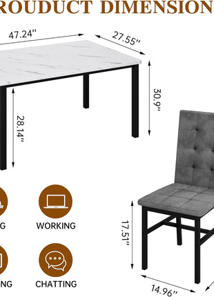 Contemporary Dining Table Set for Four with Faux Marble Surface and Velvet Upholstered Chairs, Perfect for Compact Spaces in White and Grey
