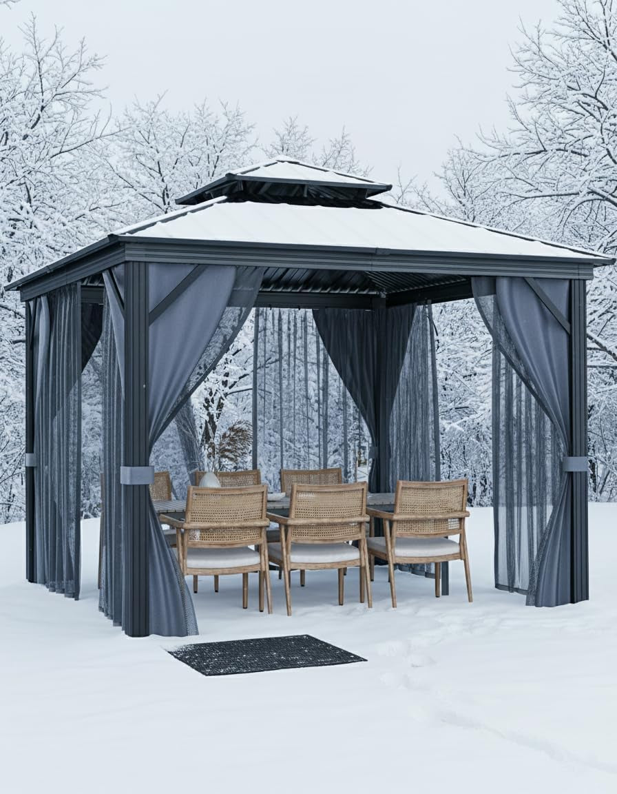 Hardtop Gazebo 8 Ft X8 Ft for All Weather, with Double Metal Roof, Aluminum Alloy Frame, Net, and Curtain, Permanent Building for Patio, Deck, Backyard, Lawn, and Garden