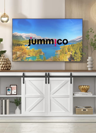 65-Inch Mid-Century Modern TV Stand with Storage Cabinets and Sliding Barn Doors in Bright White