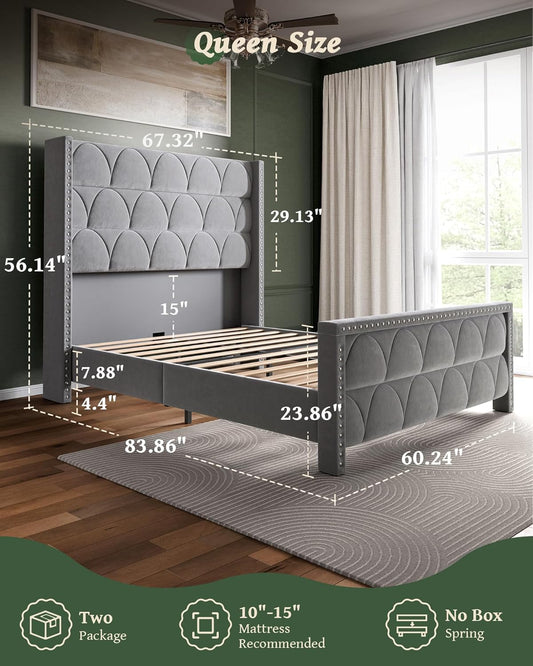 Queen Size Bed Frame with 56" Headboard - Velvet Upholstered Wingback Platform Bed Frame, Noise Free, Sturdy Wooden Slat Support (Deep Gray, Queen)