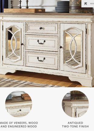 Signature Design by Ashley Realyn French Country Distressed Dining Room Server with Three Drawers and Two Cabinet Doors, Wood Construction, 59" W x 17" D x 36.5" H, Chipped White Finish