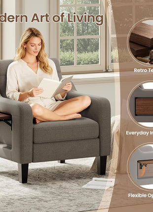 Contemporary Linen Upholstered Accent Chair with Foldable Table and Side Pockets for Living Room and Bedroom