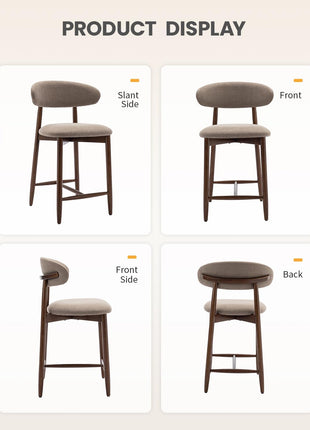 Set of 2 Upholstered Counter Height Bar Stools, 25.6″ Modern Design with Wooden Legs for Kitchen Island and Dining Room, Camel