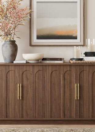 Mid-Century Modern Sideboard Buffet Cabinet with Arched Doors, Modular Media Console and Minimalist Design for Living Room, Kitchen, Dining Room, and Entryway in Walnut Finish