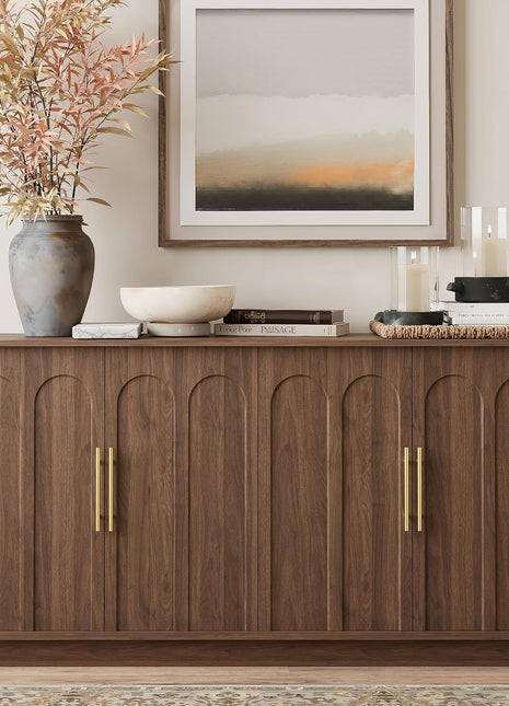 Mid-Century Modern Sideboard Buffet Cabinet with Arched Doors, Modular Media Console and Minimalist Design for Living Room, Kitchen, Dining Room, and Entryway in Walnut Finish