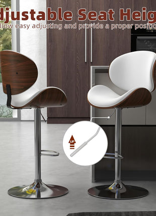 Set of 2 Adjustable Modern Swivel Bar Stools with Bentwood Seat and Back in White PU Leather, Perfect for Kitchen Counters and Dining Areas