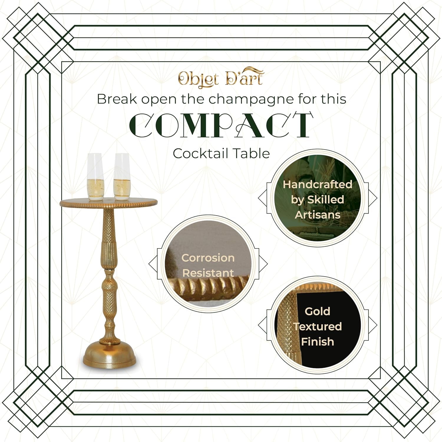 Small round Gold Side Table, Hannah, 20" Height, Vintage Metal Accent, Side, Pedestal, Coctail and Drink Tables for Living Room and Small Spaces