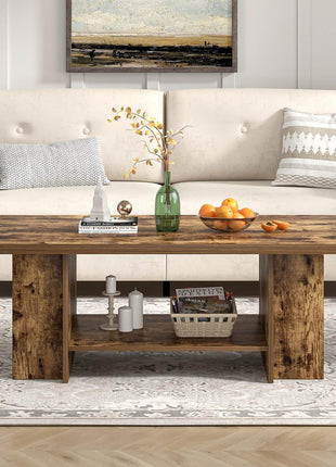 Rustic Brown 47-Inch Rectangular Coffee Table with Storage and Side Shelves for Living Room