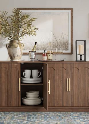 Mid-Century Modern Sideboard Buffet Cabinet with Arched Doors, Modular Media Console and Minimalist Design for Living Room, Kitchen, Dining Room, and Entryway in Walnut Finish