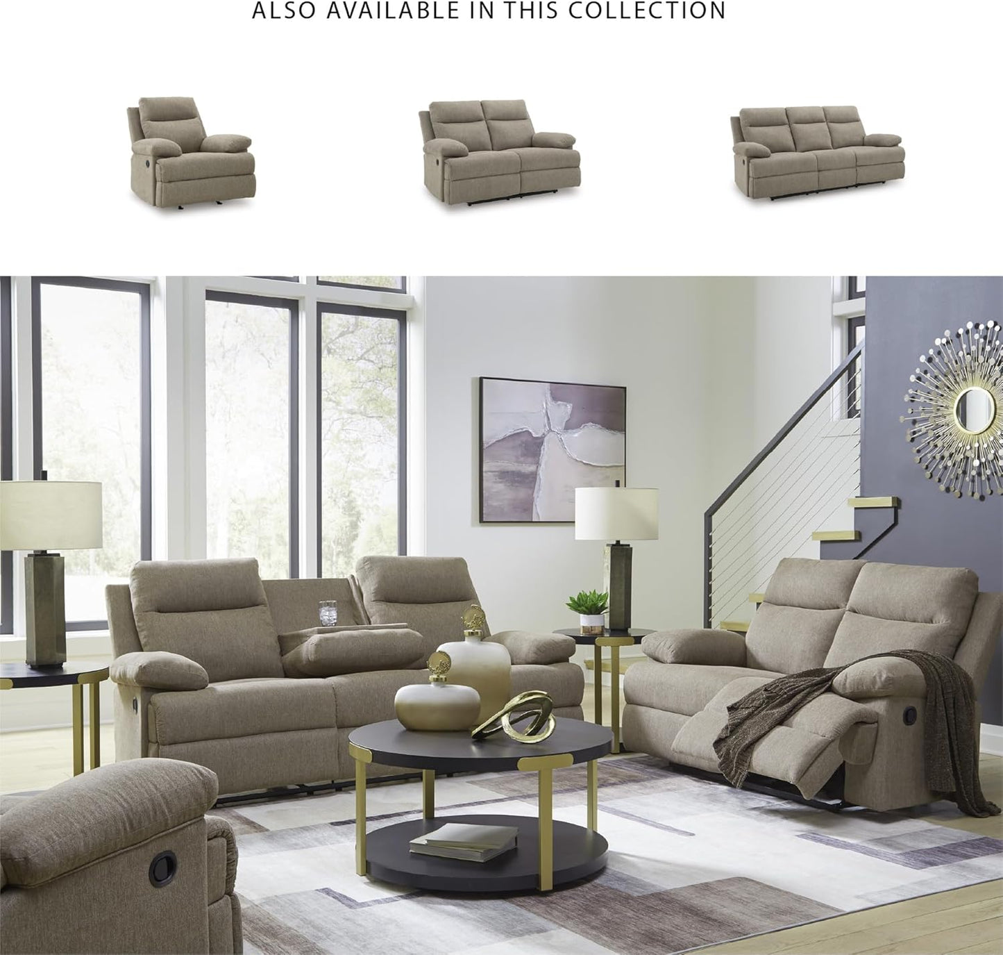 Yarrow Lane Classic Chenille Manual Pull Tab Reclining Sofa with Drop down Table and USB Charging, Light Brown