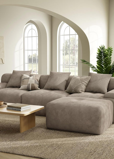 118" Lumicord Modular Sectional Sofa with Ottoman - Ready to Use in Elegant Light Brown Corduroy for Your Living Room