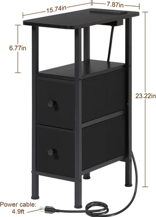 Narrow End Table with Integrated Charging Station - Slim Side Table Featuring Fabric Drawers for Living Room and Bedroom, Perfect for Compact Spaces, Black, Model HETNDP02BK-1