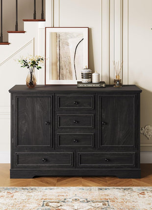 47" Modern Farmhouse Buffet Cabinet with 5 Drawers and Adjustable Shelves, Versatile Sideboard Storage for Dining Room and Kitchen, Black Finish