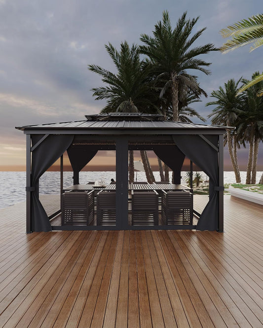 Hardtop Gazebo 12 Ft X14 Ft for All Weather, with Double Metal Roof, Net, and Curtain, Permanent Building for Patio, Deck, Backyard, Lawn, and Garden