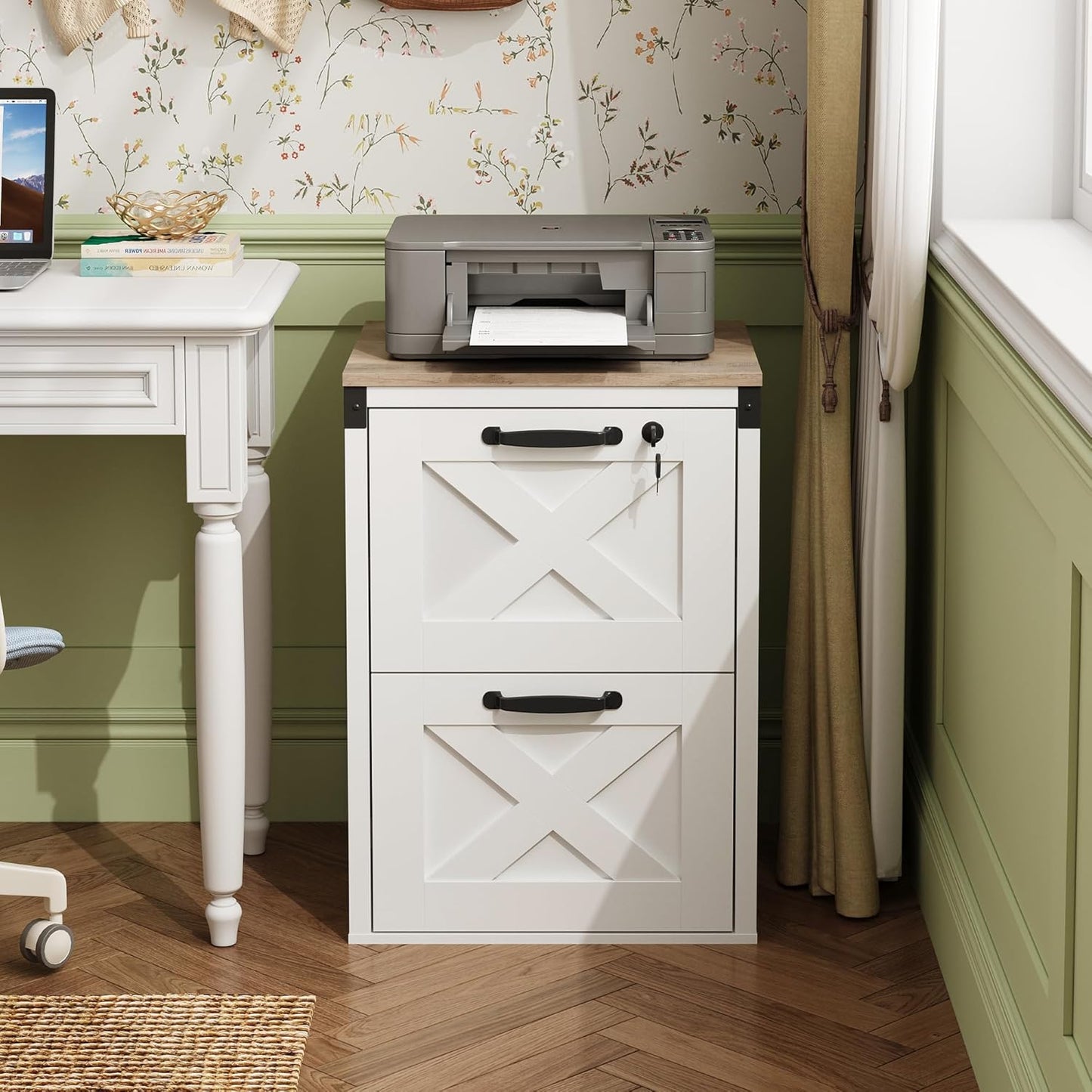 2 Drawer File Cabinet with Lock, Wood Farmhouse Filing Cabinet for Home Office, Printer Stand Fits Letter and A4 Size, White