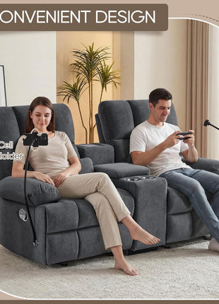 Luxurious Loveseat Recliner Sofa with 30° Rocker Function, Cat-Resistant Fabric, Manual Recline, Ideal for Living Room and Nursery, Featuring Phone Holder, Hidden Socket, and Console (Grey)