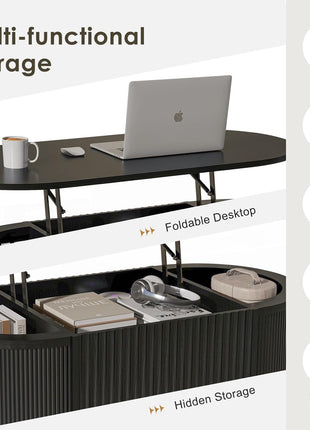 Contemporary Oval Fluted Lift-Top Coffee Table with Storage for Living Room or Home Office in Black