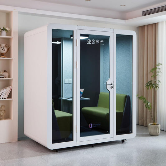 Mobile Office Pod Booth, Sound Proof Office Pod Booth with Mobile Roller, Larger Space for 2-4 People, LED Lighting System,Fans and AC USB Ports（White-Grey）
