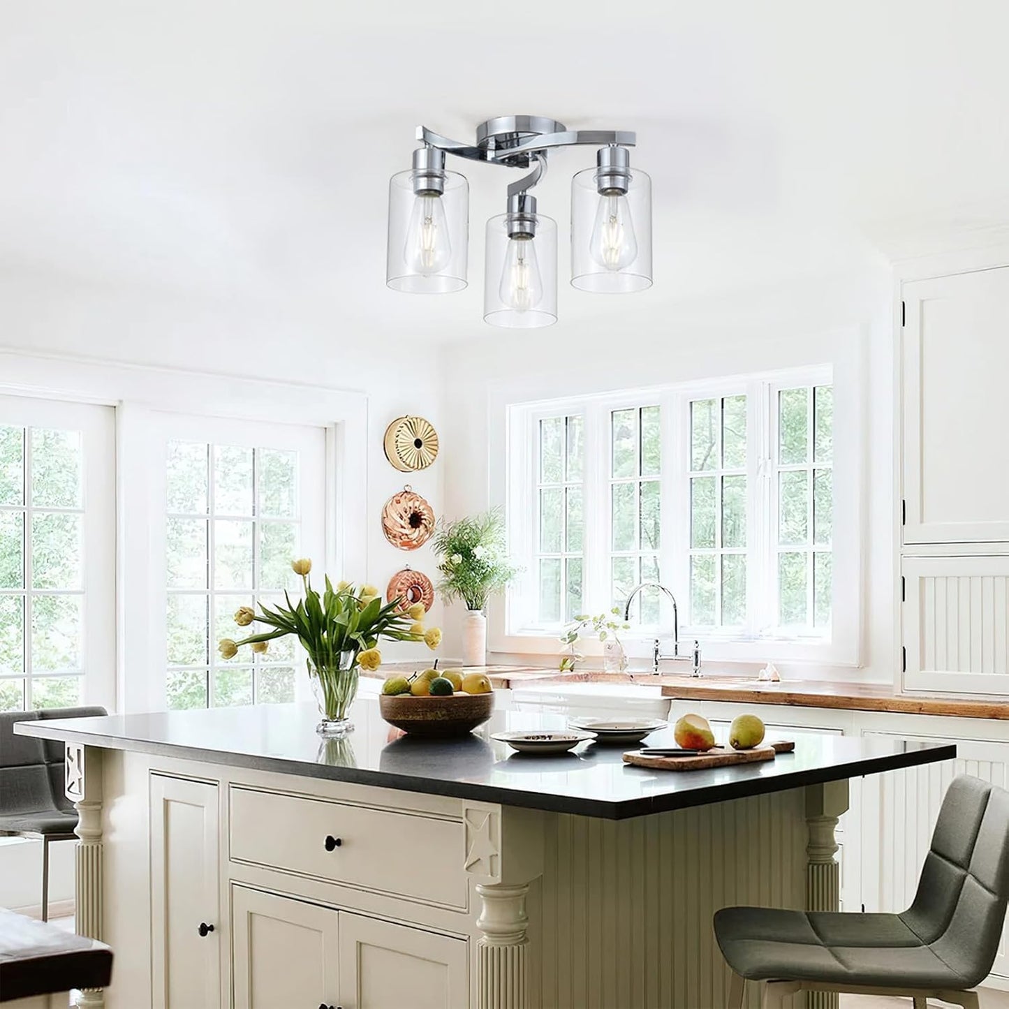 3-Light Semi Flush Mount Ceiling Light, Modern Close to Ceiling Light Fixtures with Clear Glass Shades, Chrome Light Fixture for Kitchen, Dining Room, Hallway, Entryway, Foyer