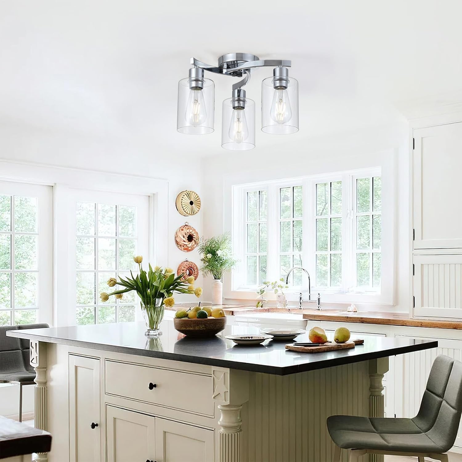 3-Light Semi Flush Mount Ceiling Light, Modern Close to Ceiling Light Fixtures with Clear Glass Shades, Chrome Light Fixture for Kitchen, Dining Room, Hallway, Entryway, Foyer