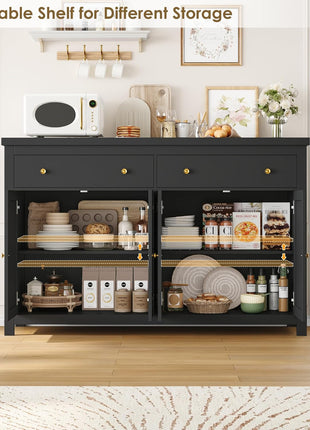 55-Inch Sideboard Buffet Cabinet with Storage Solutions, Including 2 Drawers and 4 Doors, Wood Coffee Bar Buffet Table for Kitchen and Dining Room in Black Finish