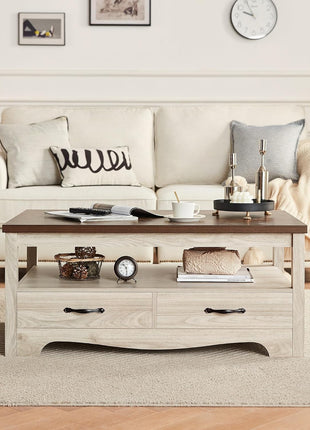Farmhouse Coffee Table with Storage, Wood Construction, Open Display Area, and Drawers with Metal Handles in Oak and Brown Finish
