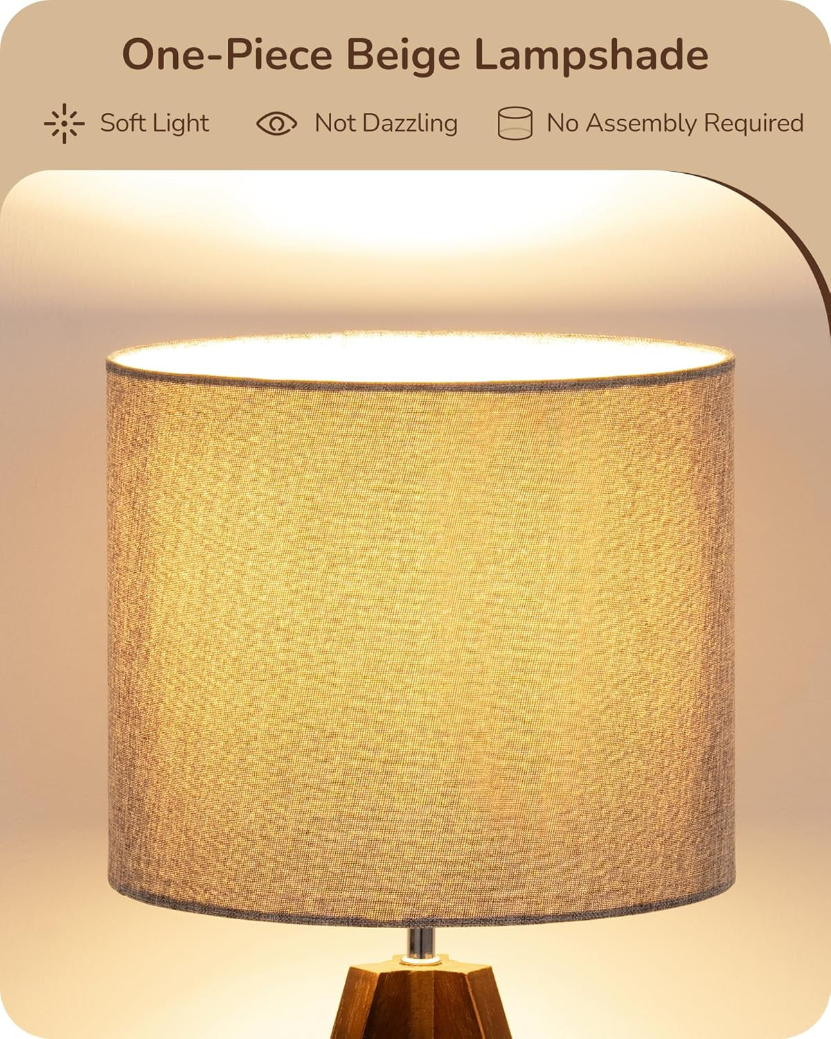 Boho Small Table Lamp, Walnut Color Wooden Tripod Bedside Lamp, Farmhouse Nightstand Lamp for Nursery, Bedroom, Office, Kid Room, Living Room, Grey Linen Lampshade, E26 Socket, 14.2 Inch