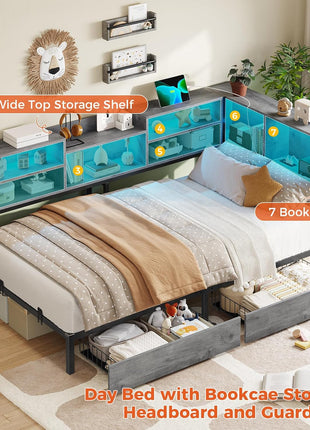 Twin Corner Bed Frame with Bookcase Storage Headboard and LED Lighting, Metal Platform Design with Drawers and Charging Station, Ideal for Kids and Teens, Oak Gray Finish
