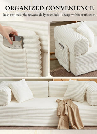 Oversized White Corduroy Futon Sofa Bed - Elegant Boneless Folding Couch for Living Room