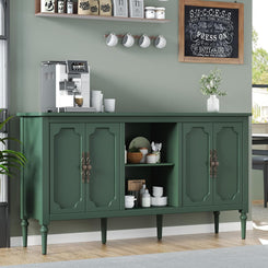 Vintage Buffet Sideboard Cabinet with 4 Doors, 59" Mid Century Modern Storage Cabinet with Shelf, Decorative Accent Credenza TV Stand (Green)