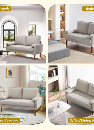 Mid-Century Modern Loveseat Sofa with Solid Wood Legs, 48" Small Couch for Living Room or Bedroom, Easy Assembly with Throw Pillow, Ashbeige