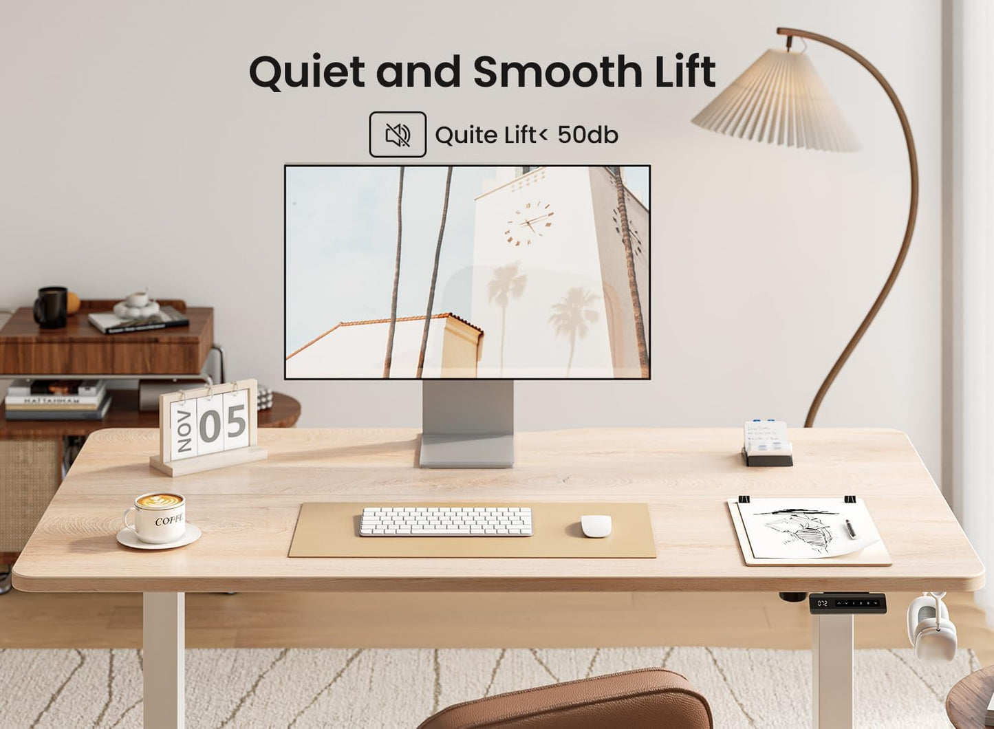 48 × 24 Inches Standing Desk, Ergonomic, Electric Height Adjustable, Sit and Stand Up, Computer Office Desk with Splice Board, White Frame/Maple Top