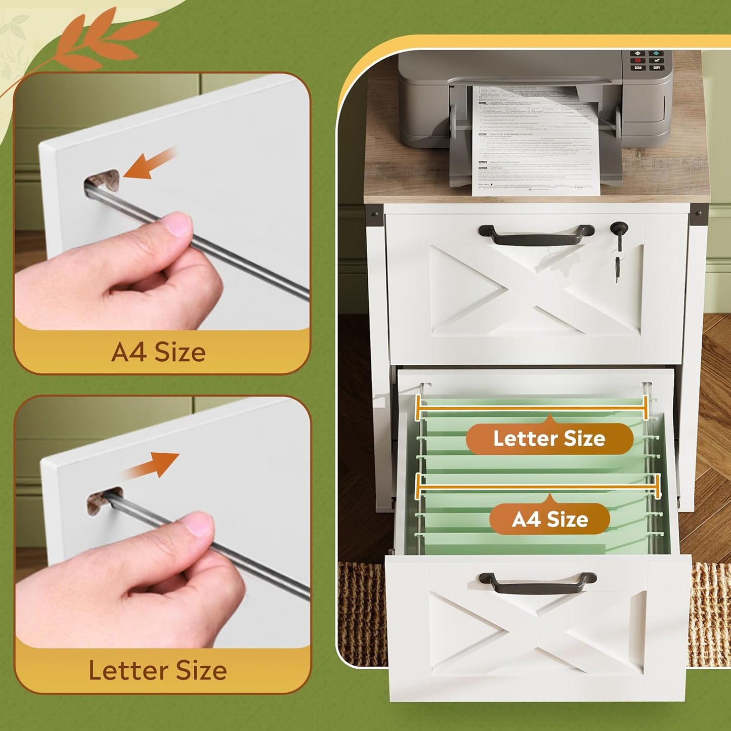 2 Drawer File Cabinet with Lock, Wood Farmhouse Filing Cabinet for Home Office, Printer Stand Fits Letter and A4 Size, White