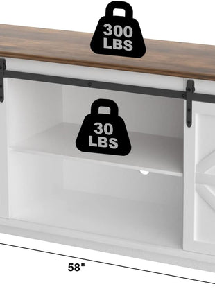 65-Inch Mid-Century Modern TV Stand with Storage Cabinets and Sliding Barn Doors in Bright White