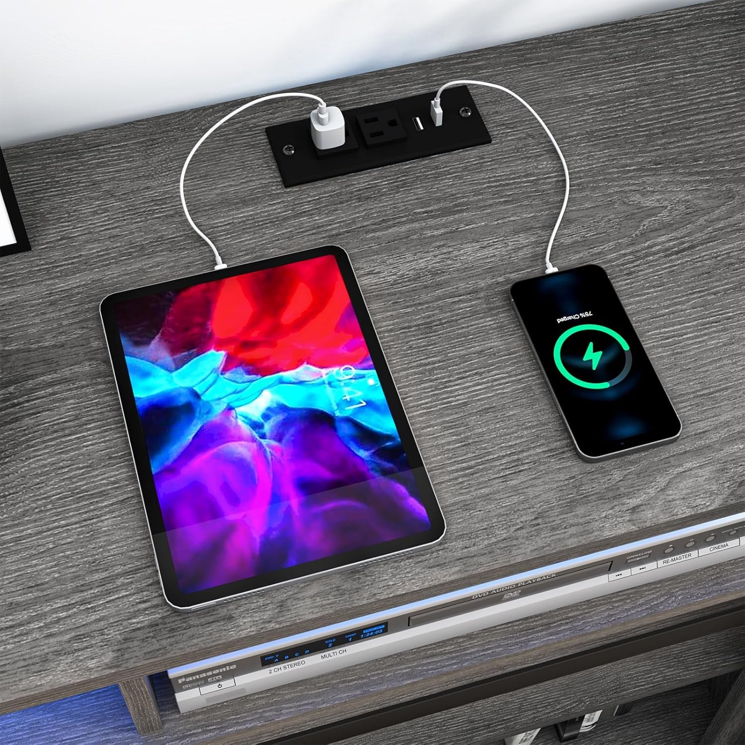 Farmhouse Coffee Bar Cabinet with Power Outlet, Rustic Sideboard Buffet Storage Cabinet with Storage, Wood Serving Table Cupboard for Dining Room, Living Room, Wash Grey