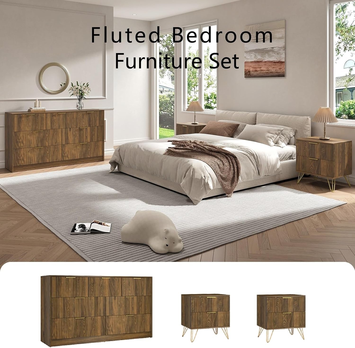 7 Drawer Dresser and Nightstand Sets for Bedroom, 3 Pcs Bedroom Set，Night Stand Set of 2 & 7 Drawer Dresser with Gold Handles, Wood Chest of Drawers Mid Century Storage Cabinet Set, Natural